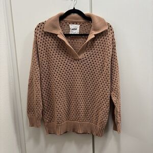 Aerie Sz Small Brown Camel Open Knit Polo Collared Sweater V-Neck 100% Cotton